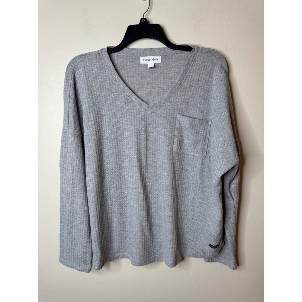 Calvin Klein Womens XXL Waffle Knit V-Neck Thermal Top Gray Long Sleeve Pocket